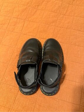 Dr. Martens Black Leather Mules with Yellow Stitching